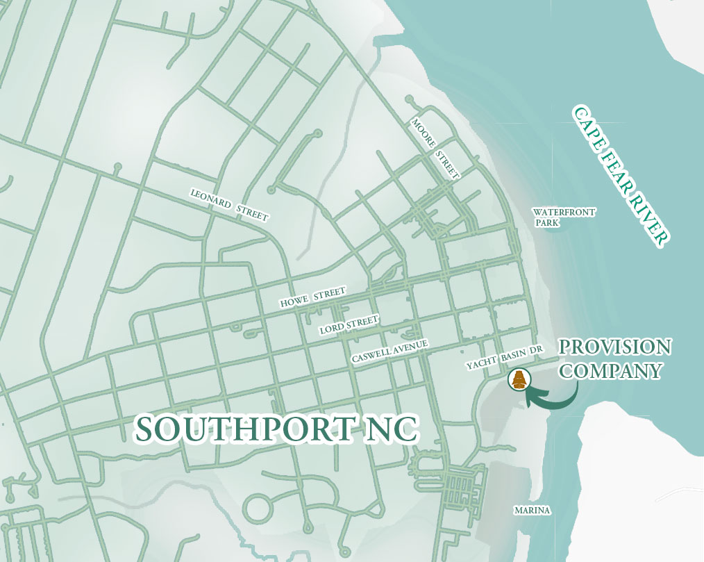 Map of Southport, NC shows streets leading to Provision Company near Cape Fear River, highlighting a Southport Seafood Restaurant location.